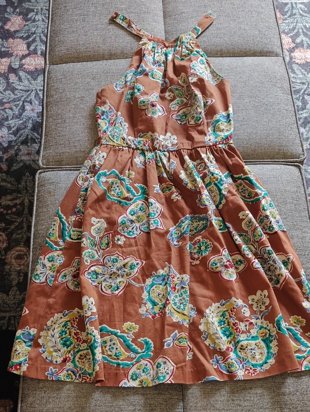 Sleeveless Floral Halter Dress in Warm Brown